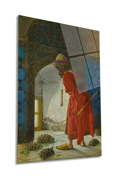 Osman Hamdi Bey Kaplumbağa Terbiyecisi Dikey Cam Tablo, Ev ve Ofis Duvar Dekoru, Lüks Hediyelik