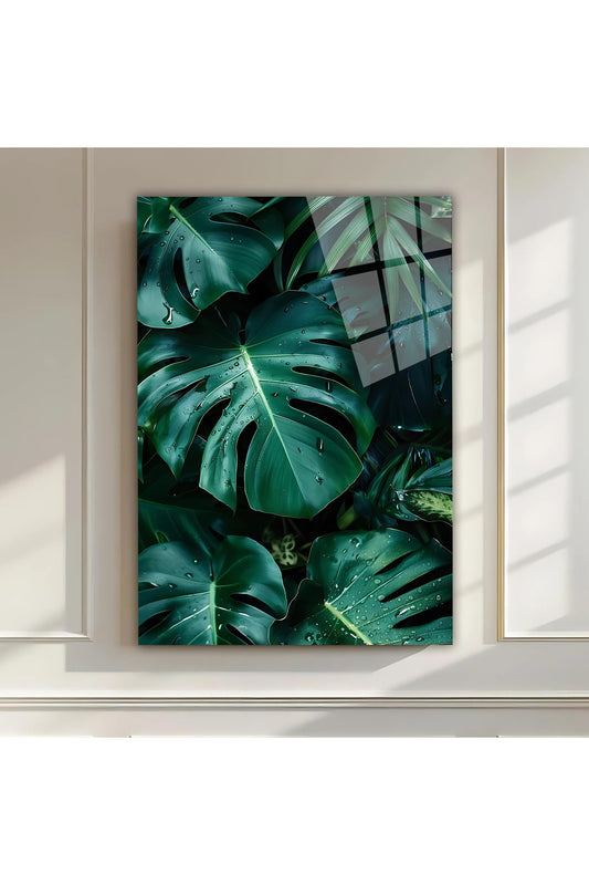 Premium Tropikal Bitki Cam Tablo – Monstera ve Palm Yaprakları