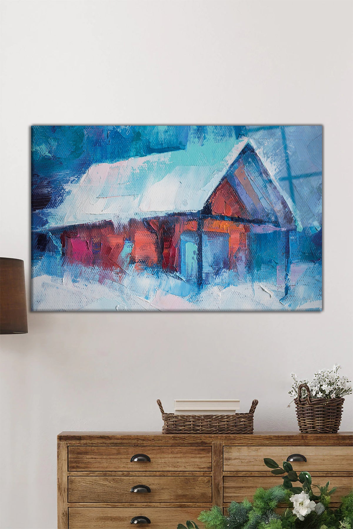 Yağlı Boya Görünümlü Kış Evi Yatay Cam Tablo, Modern, Ev ve Ofis Duvar Dekoru, Lüks Hediyelik