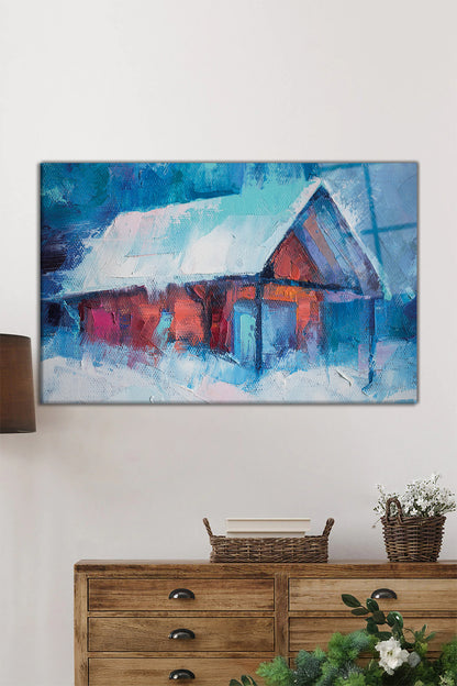 Yağlı Boya Görünümlü Kış Evi Yatay Cam Tablo, Modern, Ev ve Ofis Duvar Dekoru, Lüks Hediyelik
