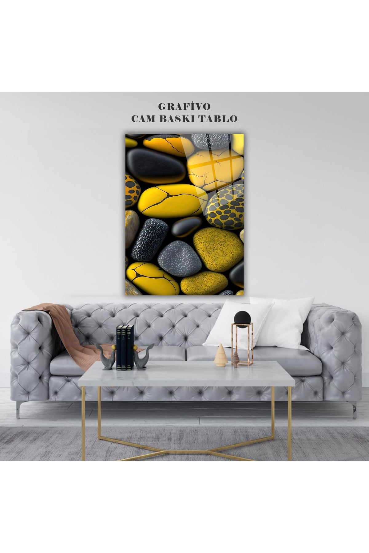 Sarı Siyah Taş Desenli Cam Tablo - Modern Dekoratif Premium Duvar Sanatı
