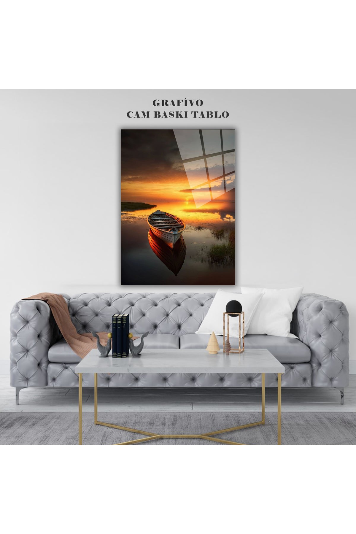 Premium Sakinlik ve Huzur Cam Tablo – Gün Batımı ve Küçük Tekne