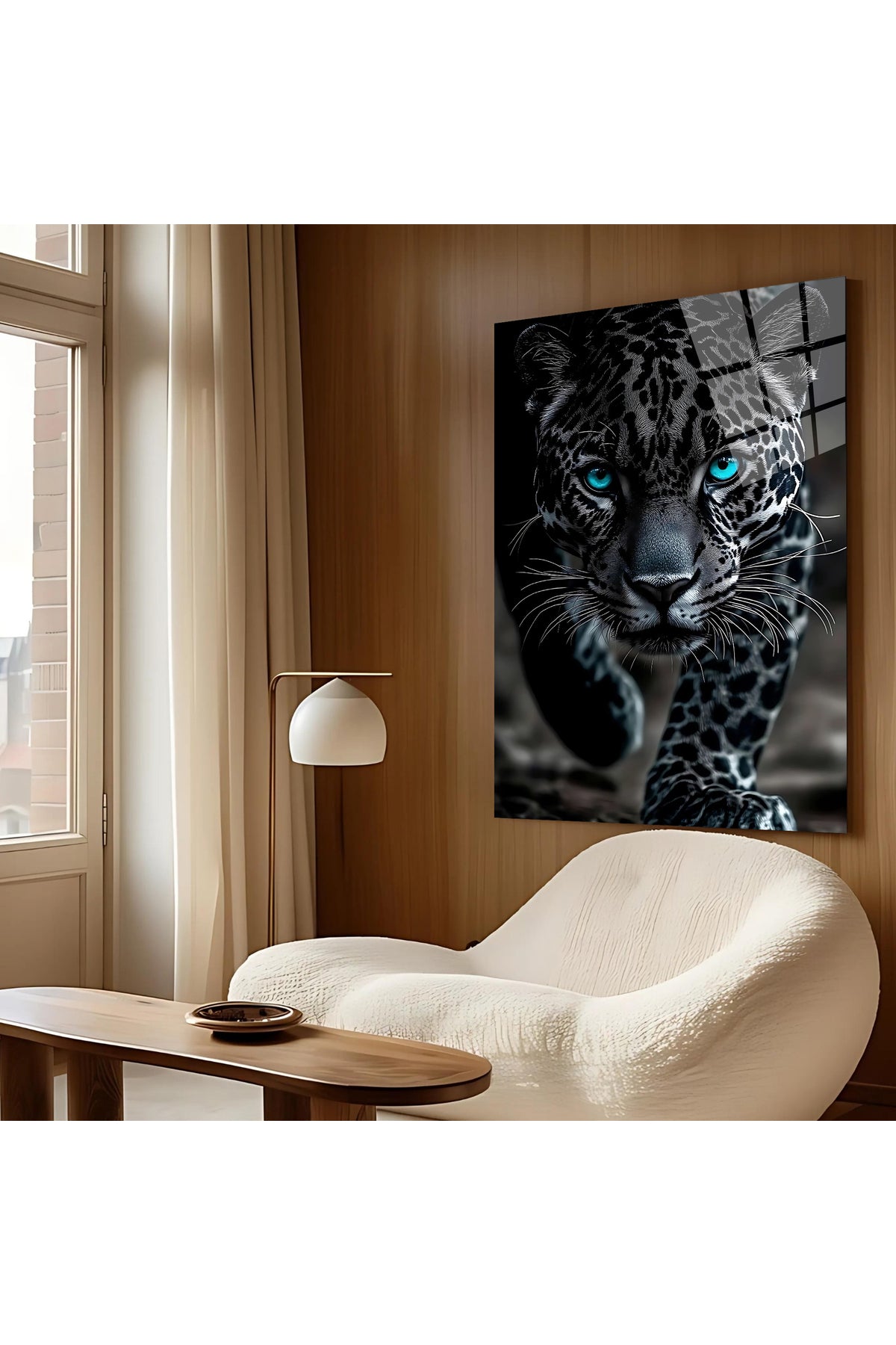 Mavi Gözlü Leopar Cam Tablo – Güçlü Bakışıyla Etkileyici Bir Ev & Ofis Hediyesi