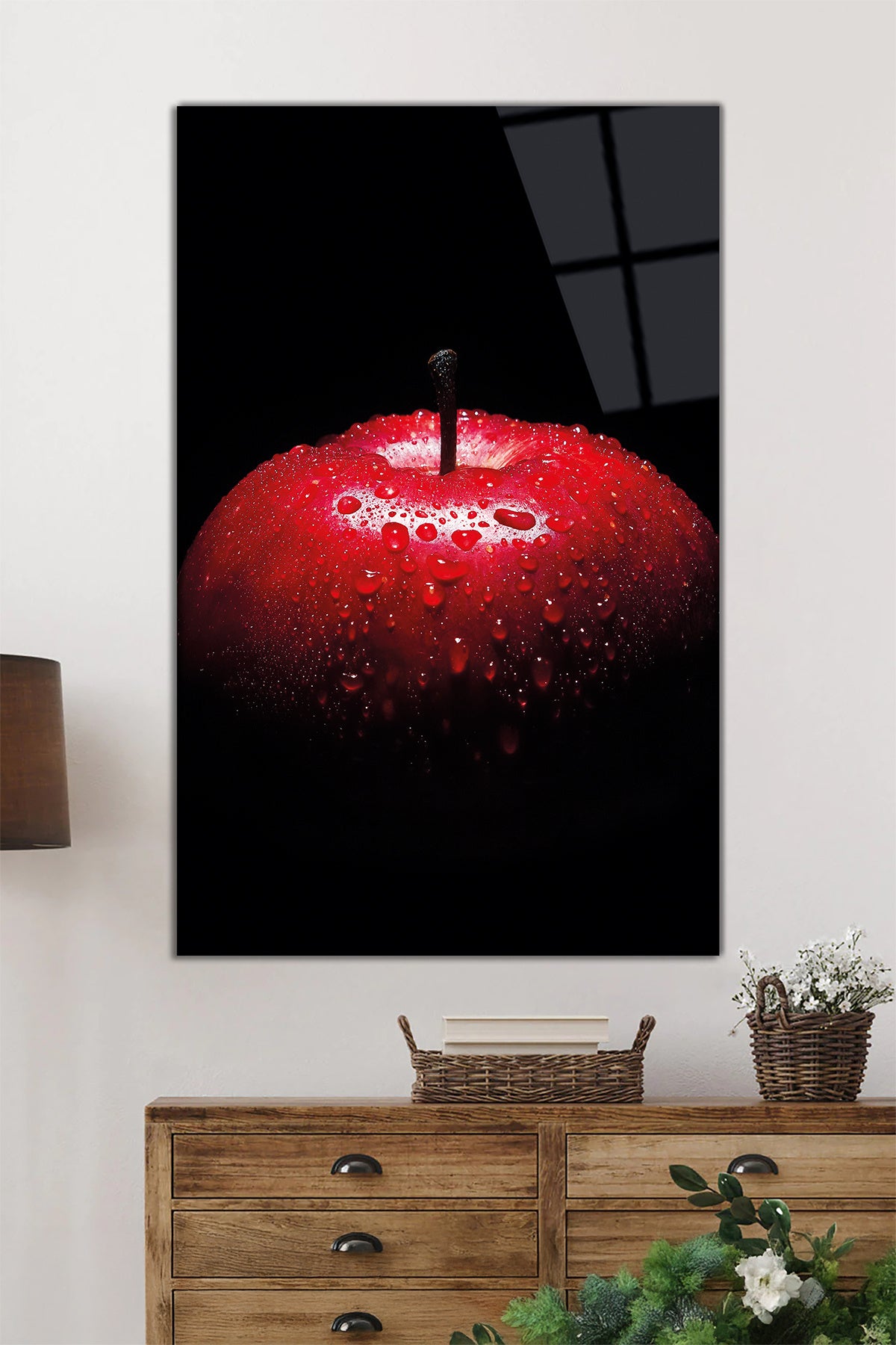 Kırmızı Parlak Elma Dikey Cam Tablo, Ev ve Ofis Duvar Dekoru, Lüks Hediyelik, Kırılmaz Çizilmez