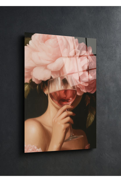 Pembe Çiçek Tacı ve Şarap Cam Tablo – Estetik Sanat