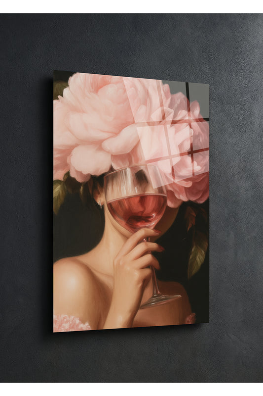 Pembe Çiçek Tacı ve Şarap Cam Tablo – Estetik Sanat