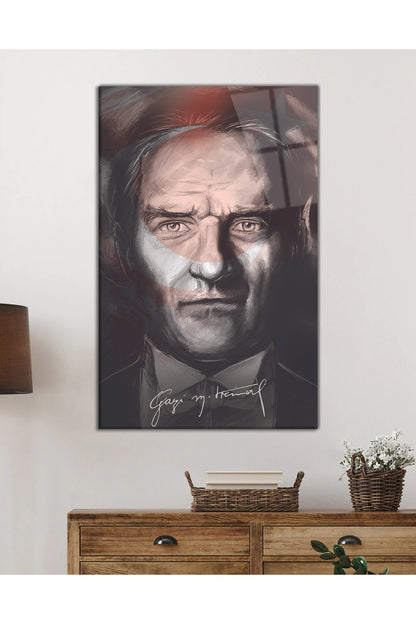 Gazi Mustafa Kemal Atatürk Cam Tablo, Ev Ofis ve Okul Duvar Dekoru, Hediyelik Büyük Temperli 4mm Cam