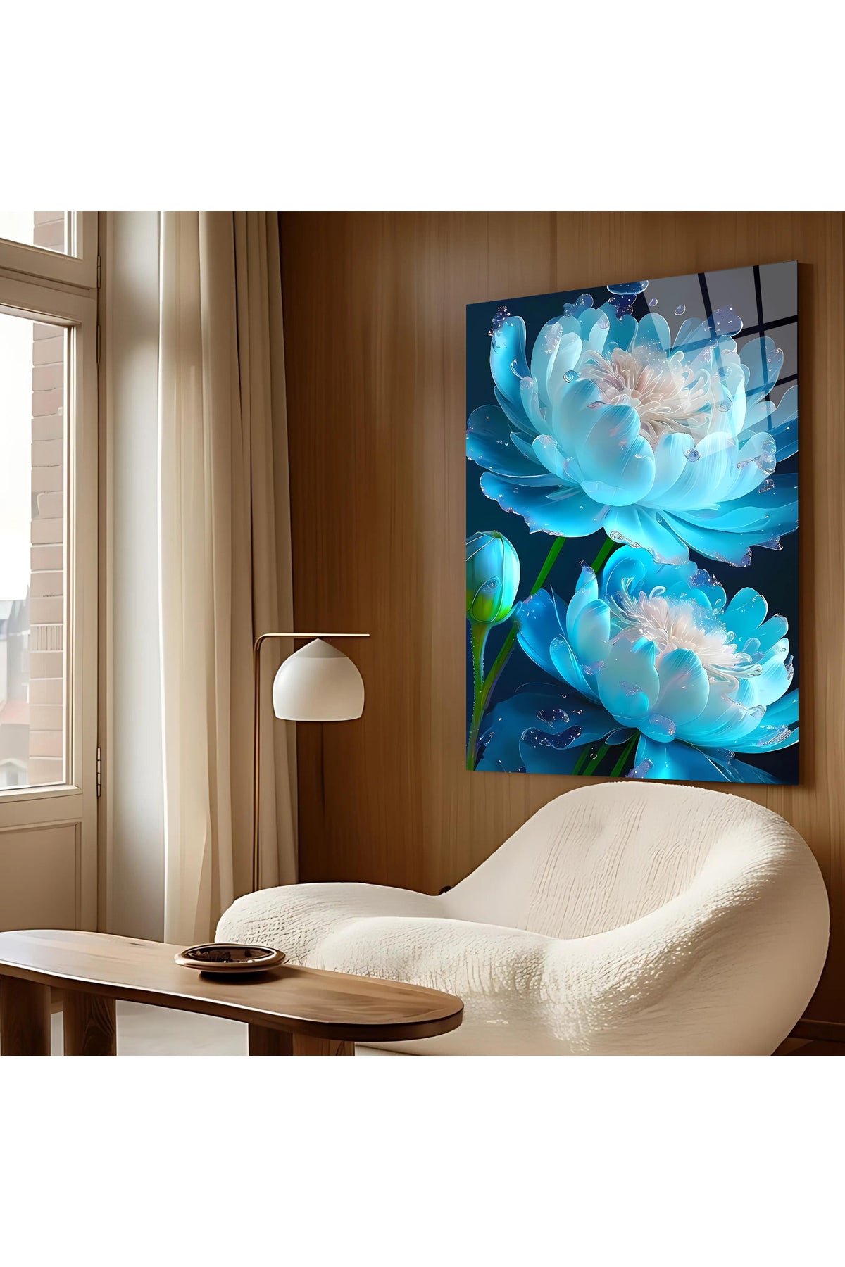 Aqua Blossom – Modern Çiçek Tasarımlı Cam Tablo