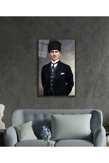 Mustafa Kemal Atatürk Portresi Cam Tablo, ATA, Ev Ofis ve Okul Duvar Dekoru, Hediyelik, Temperli Cam