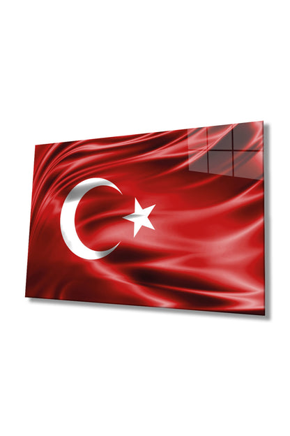 Dalgalanan Kırmızı Türk Bayrağı Cam Tablo, Ev Ofis Duvar Dekoru, Hediyelik, Kırılmaz Temperli Cam