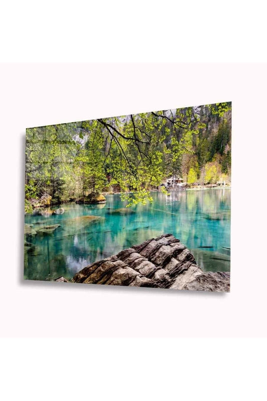 Göl, Kaya, Ağaç ve Yeşil Doğa Manzarası Cam Tablo, Ev Ve Ofis Duvar Dekoru, Hediyelik, Temperli Cam
