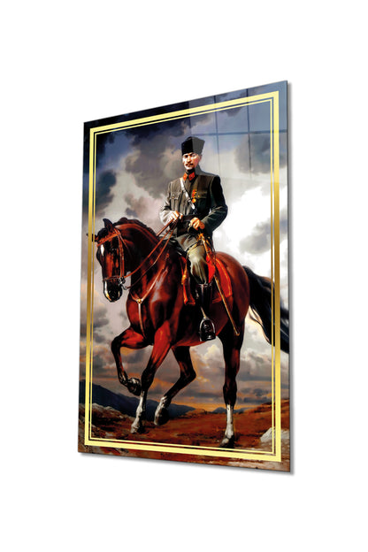 Gold Şeritli At Üzerinde Atatürk Portresi Cam Tablo, ATA, Mustafa Kemal, Ev Ofis Okul Duvar Dekoru