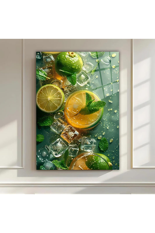 Buz ve Limon Detaylı Cam Tablo – Mutfak & Bar Dekorasyonu