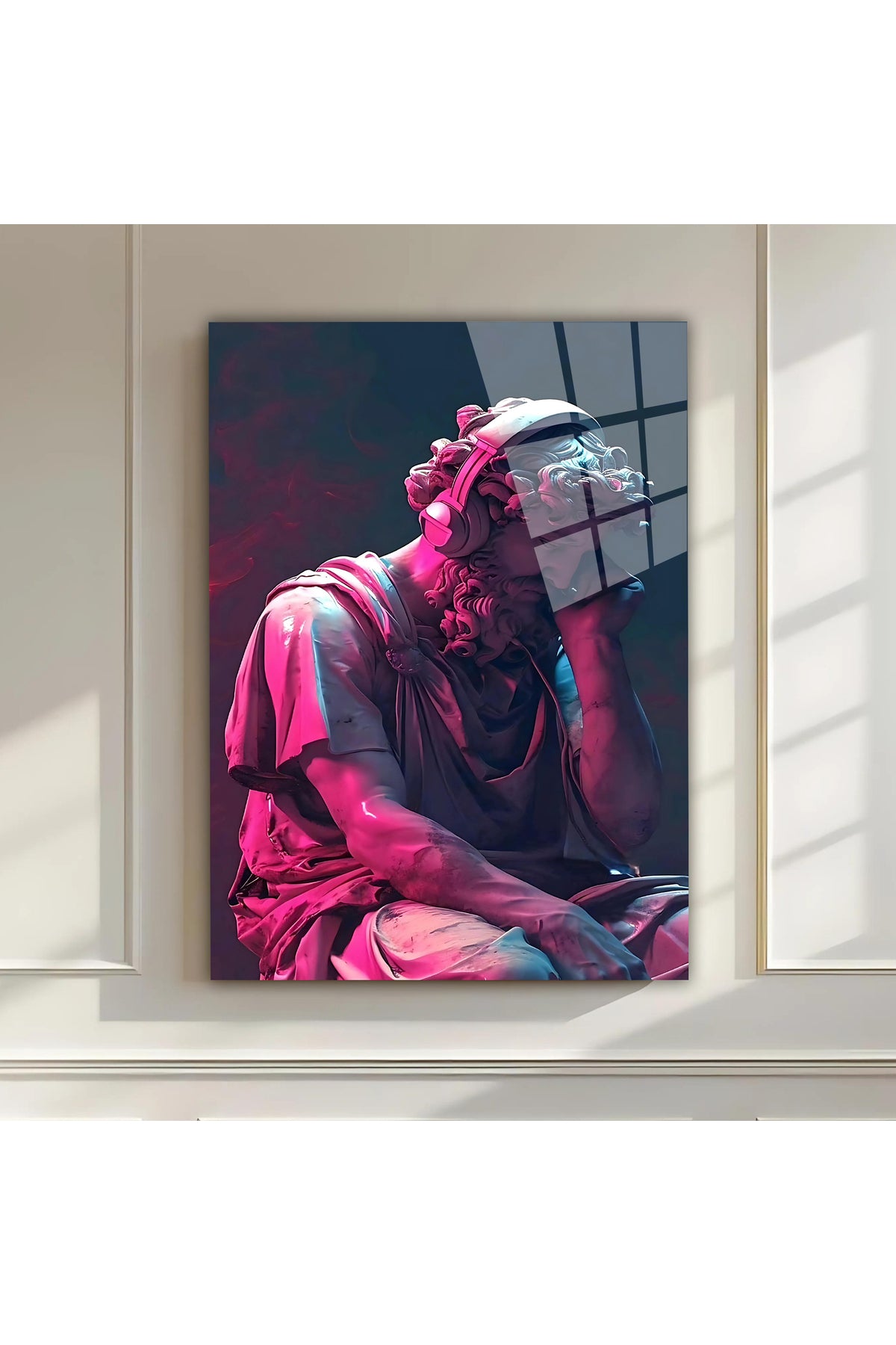 Pop Art Heykel Cam Tablo – Neon Pembe Mavi Renkli Modern Tasarımlı Premium Ev ve Ofis Duvar Dekoru