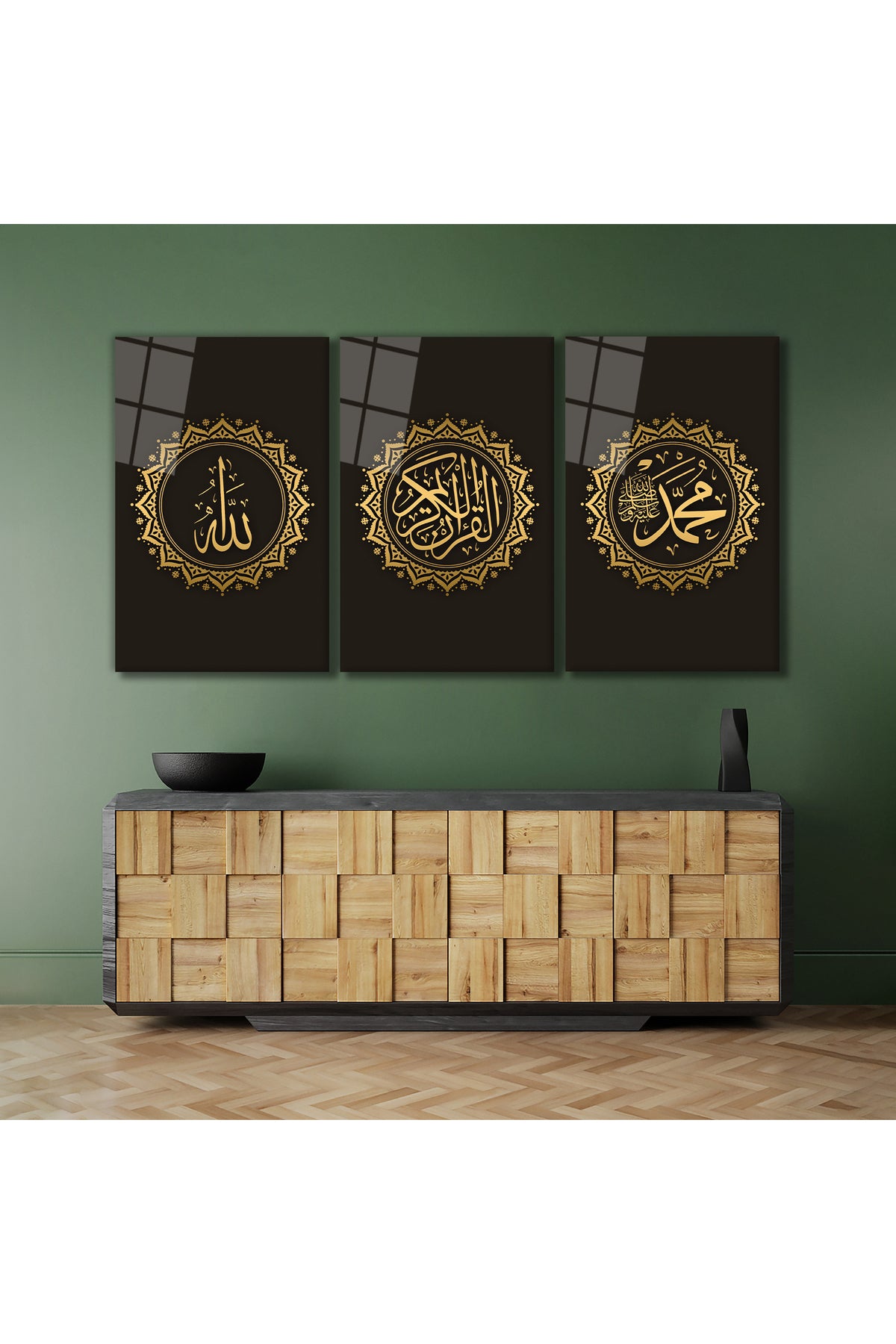 Allah, Muhammed Ve Kuran-ı Kerim 3 Parça Set Cam Tablo, Dini İslami Ev Ofis Hediyelik Duvar Dekoru