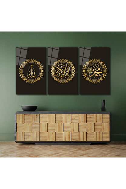 Allah, Muhammed Ve Kuran-ı Kerim 3 Parça Set Cam Tablo, Dini İslami Ev Ofis Hediyelik Duvar Dekoru