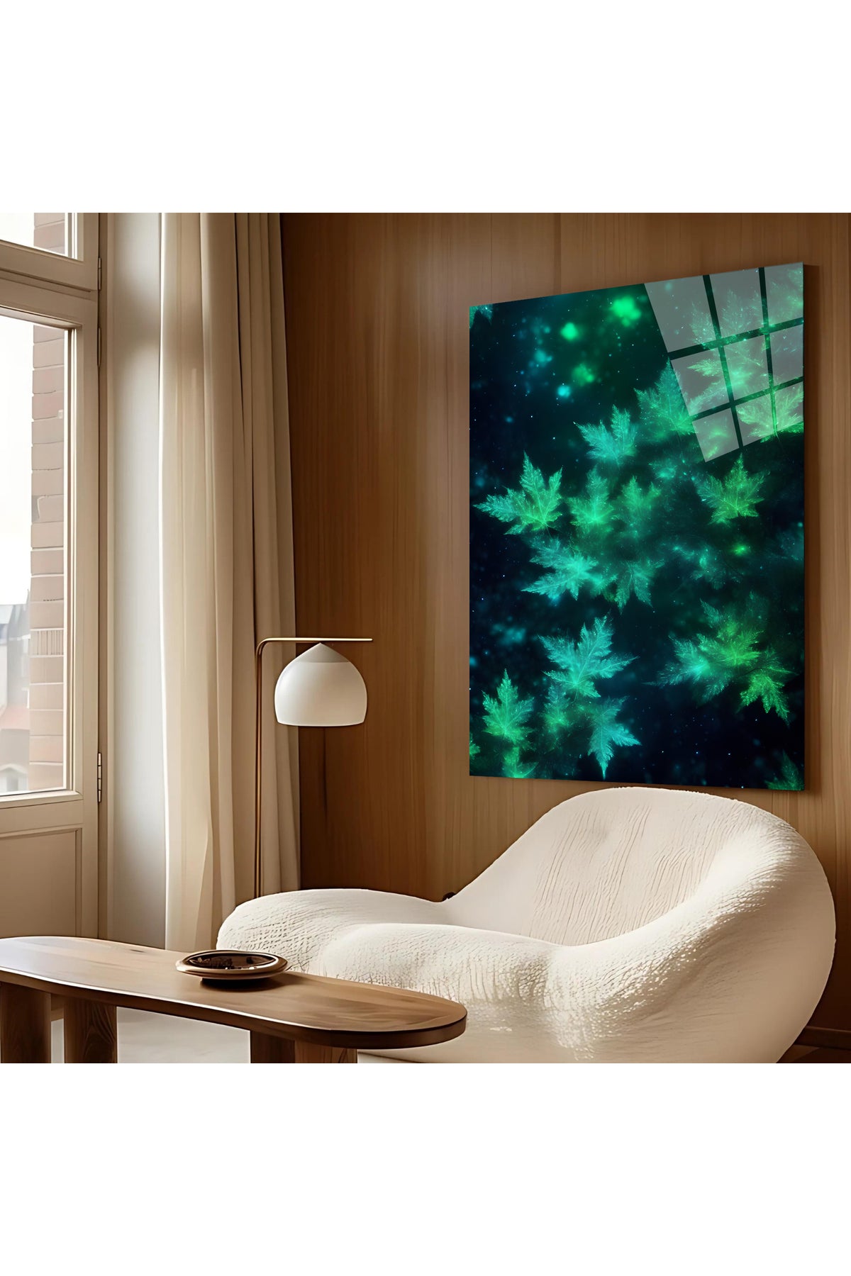 Premium Doğa Esintisi Cam Tablo – Yeşil Yaprak ve Soyut Sanat