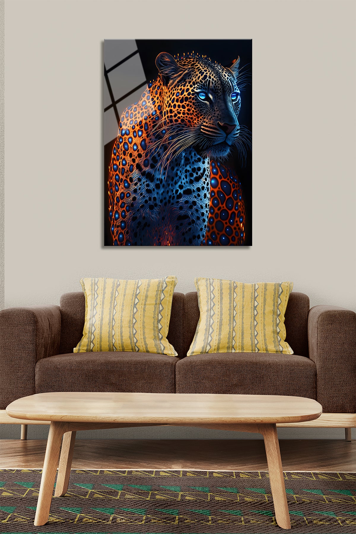 LEOPAR TEMALI CAM TABLO-MAVİ GÖZLÜ LEOPAR HAYVAN CAM TABLO-DEKORATİF DUVAR TABLOSU-EV HEDİYESİ-OFİS