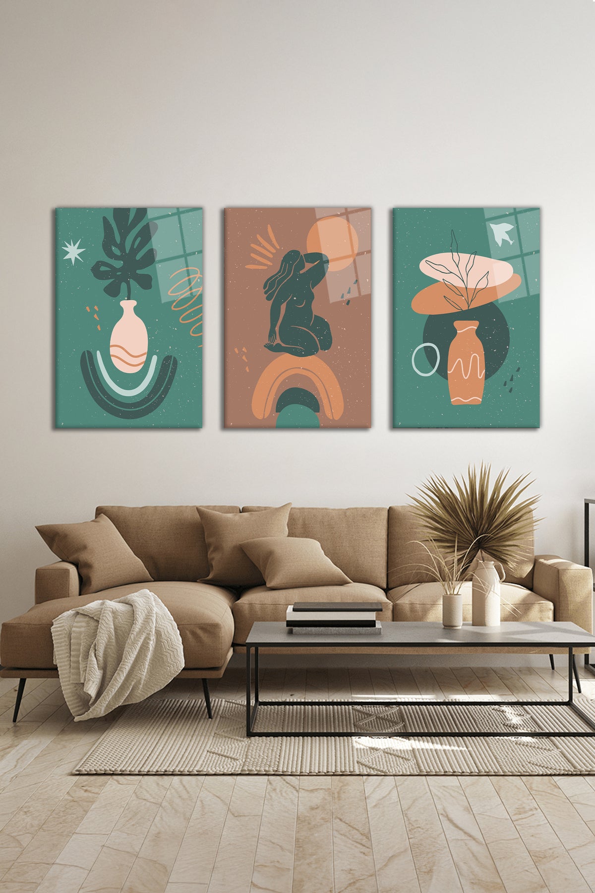 Minimal Modern İllüstrasyon 3 Parça Set Cam Tablo, Ev ve Ofis Duvar Dekoru, Lüks Hediyelik