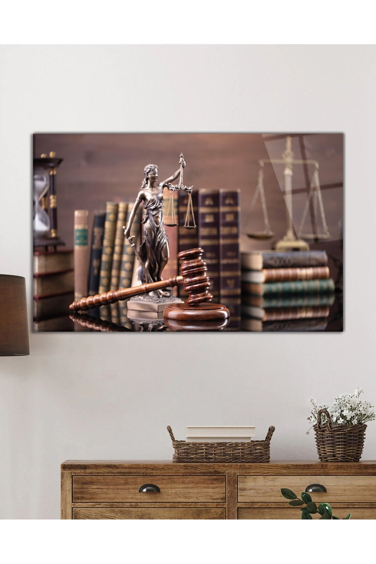 Themis Heykeli Cam Tablo, Avukat Savcı Hukuk Yargı Ofis Duvar Dekoru, Hediyelik, Temperli Cam