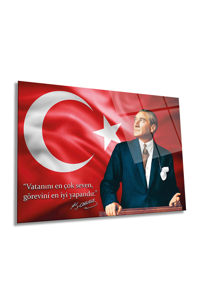 Türk Bayrağı ve Atatürk Yatay Cam Tablo, Vatanını En Çok Seven Görevini En İyi Yapandır, Hediyelik