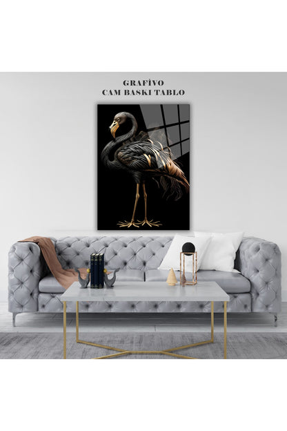 Zarafetin Dansı: Siyah ve Altın Flamingo Cam Tablo – Ev & Ofis İçin Şık Hediye