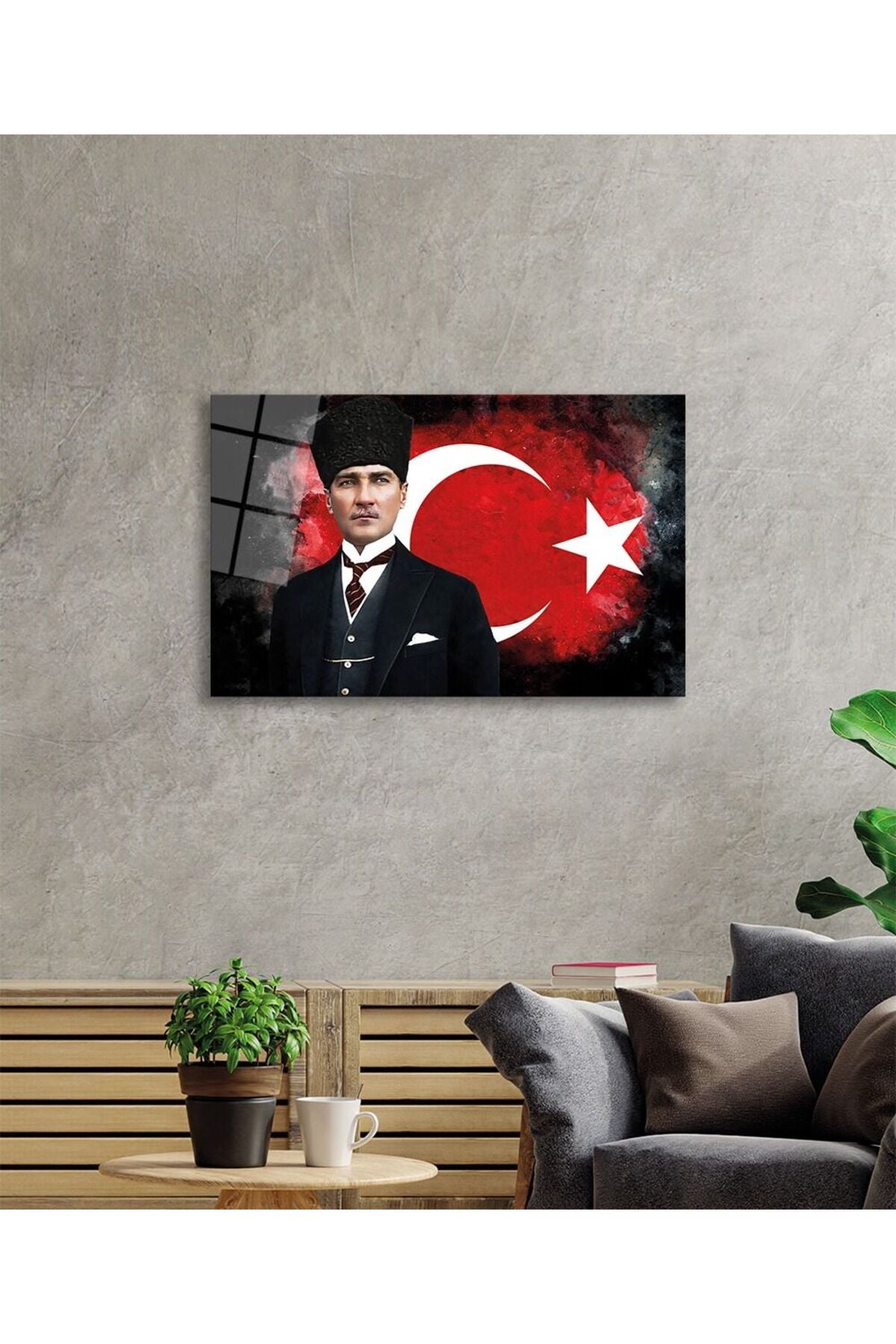 Türk Bayrağı ve Mustafa Kemal Atatürk Portresi Cam Tablo, Ev Ofis Okul Duvar Dekoru, Yatay Hediyelik
