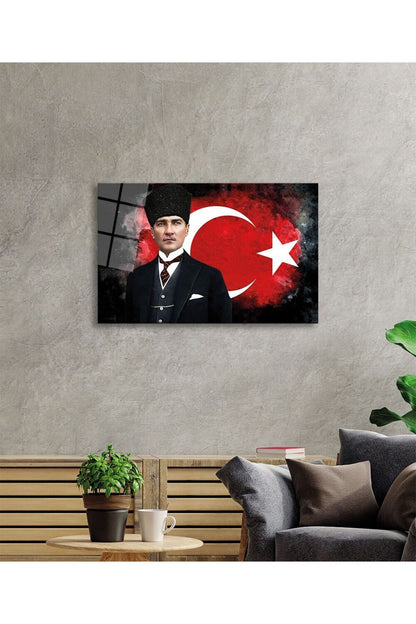 Türk Bayrağı ve Mustafa Kemal Atatürk Portresi Cam Tablo, Ev Ofis Okul Duvar Dekoru, Yatay Hediyelik