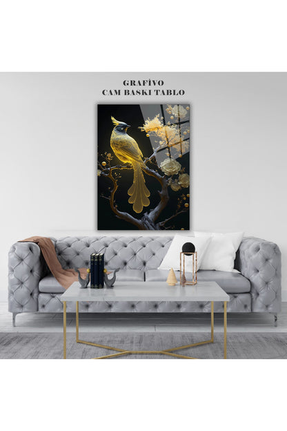 Altın Sarısı Kuş Figürlü Cam Tablo - Çiçek Desenli Modern Premium Dekoratif Duvar Sanatı