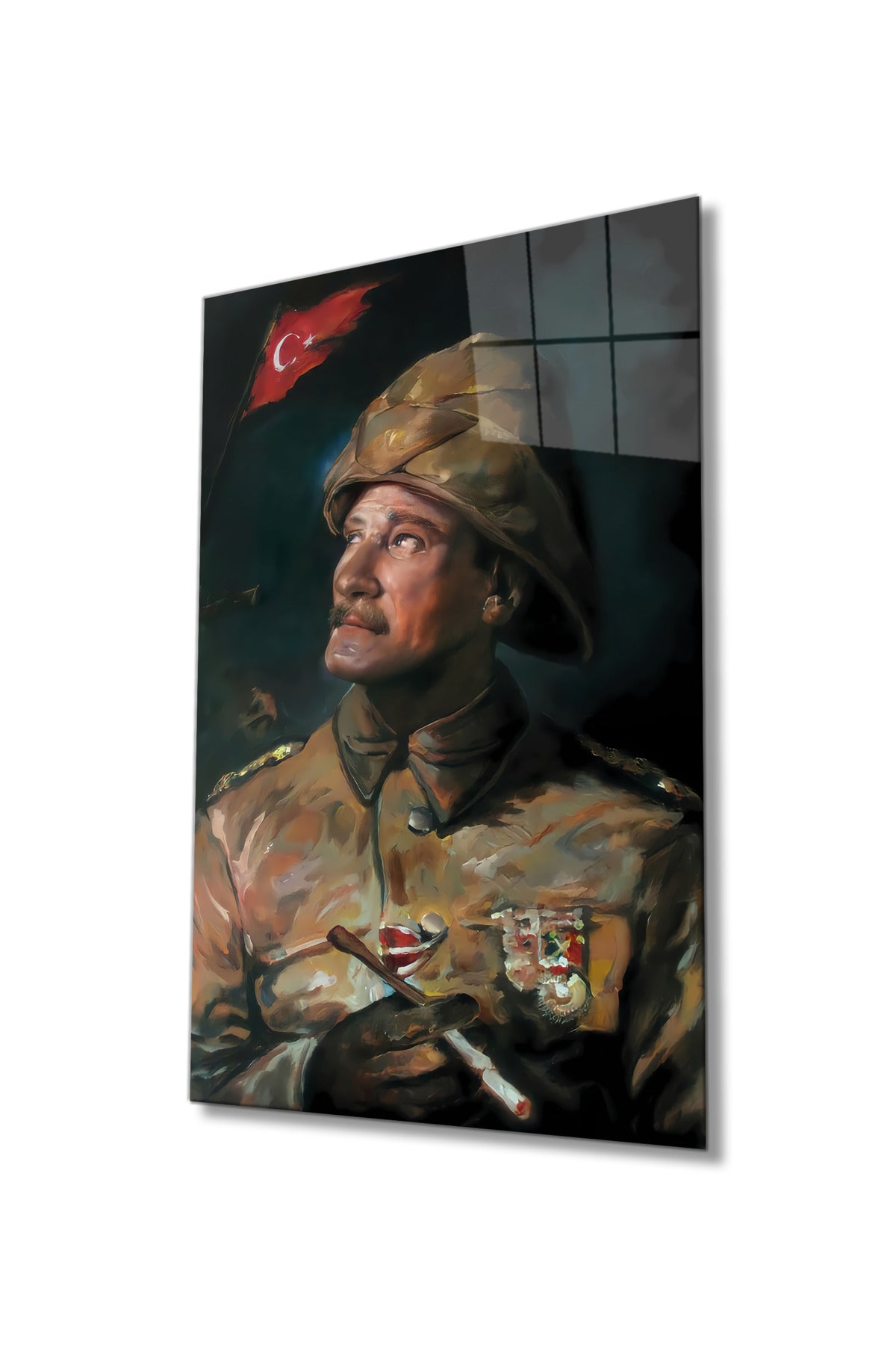 Yapay Zeka Üniformalı Mustafa Kemal Atatürk Portresi Cam Tablo, Ev Ofis Okul Duvar Dekoru, Hediyelik