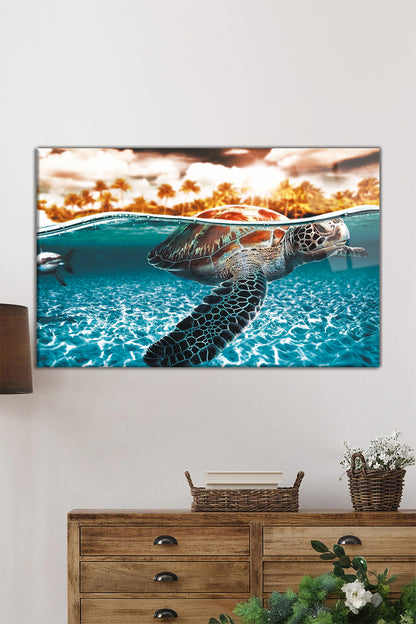 Deniz Kaplumbağası Hayvan Portresi Yatay Cam Tablo, Ev ve Ofis Duvar Dekoru, Lüks Hediyelik