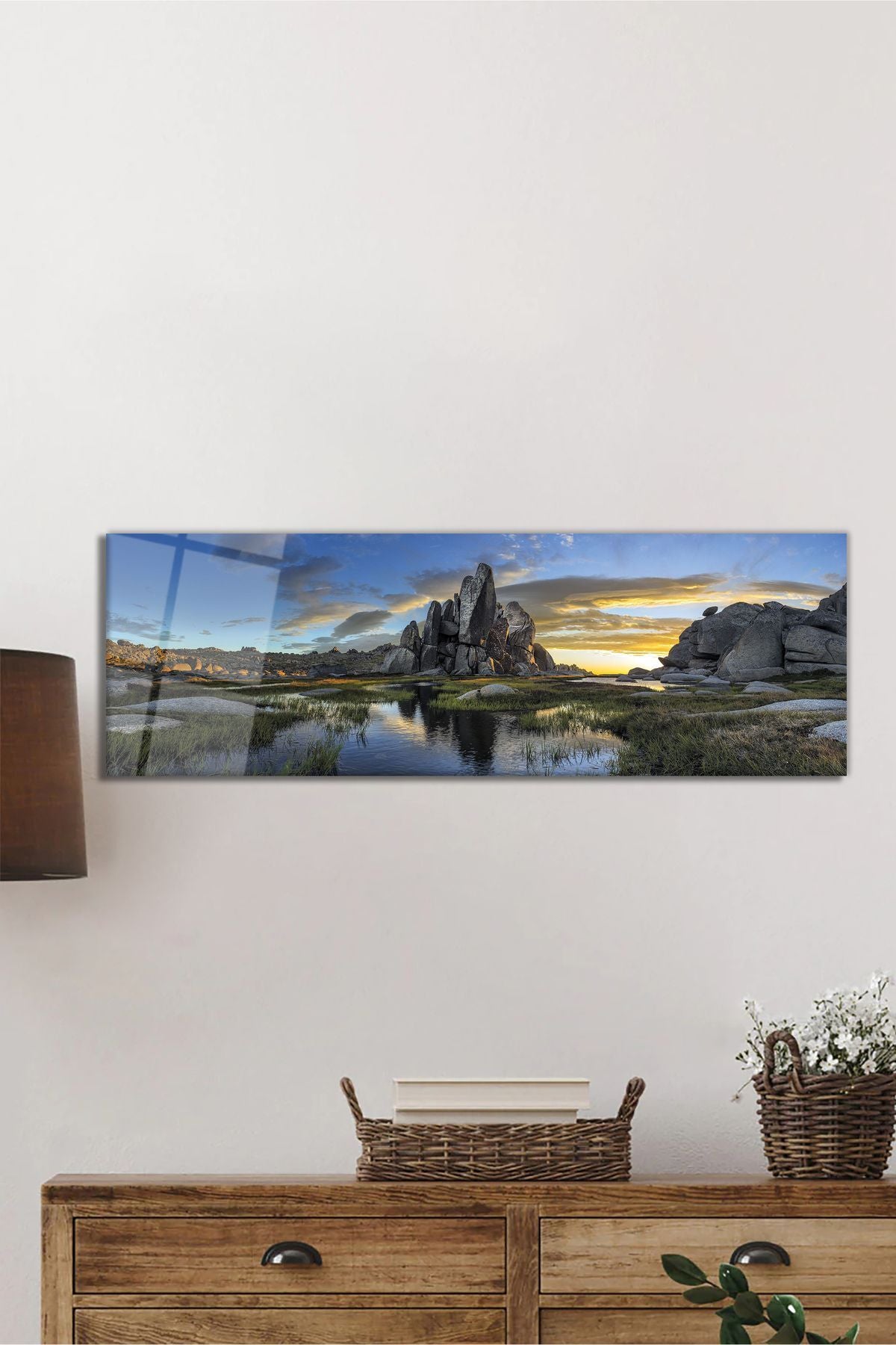 Kayalar ve Canlı Doğa Panoramik Cam Tablo, Modern ve Şık Ev Ofis Duvar Dekoru, Hediyelik Temperli