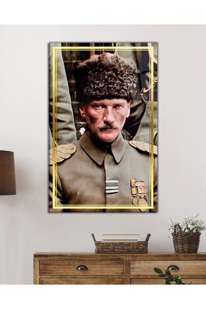 Gold Şeritli Mustafa Kemal Atatürk Portresi Cam Tablo, Ev Ofis Okul Duvar Dekoru Hediyelik Temperli