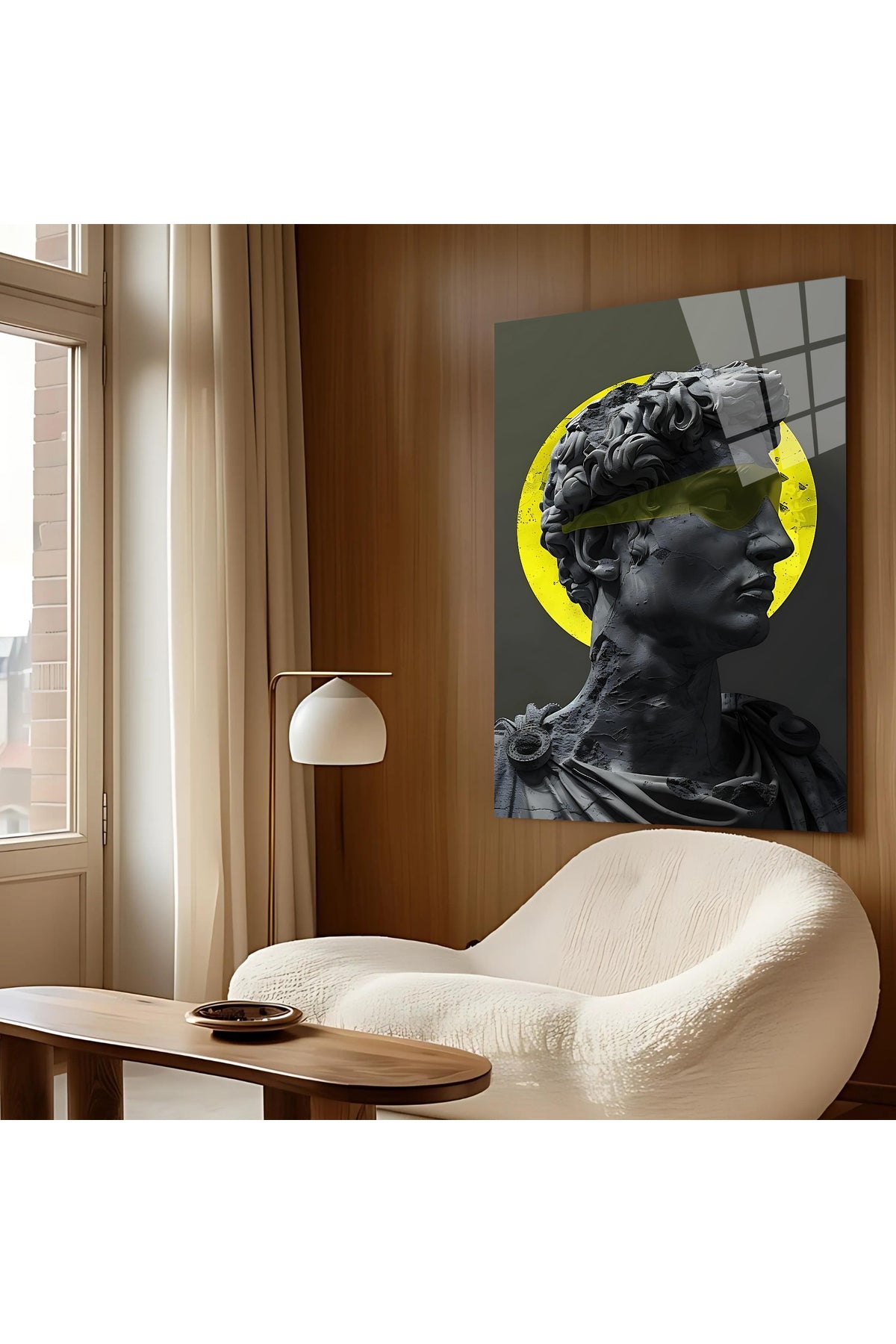 Modern Heykel Cam Tablo – Sarı Halo ve Futuristik Tasarım