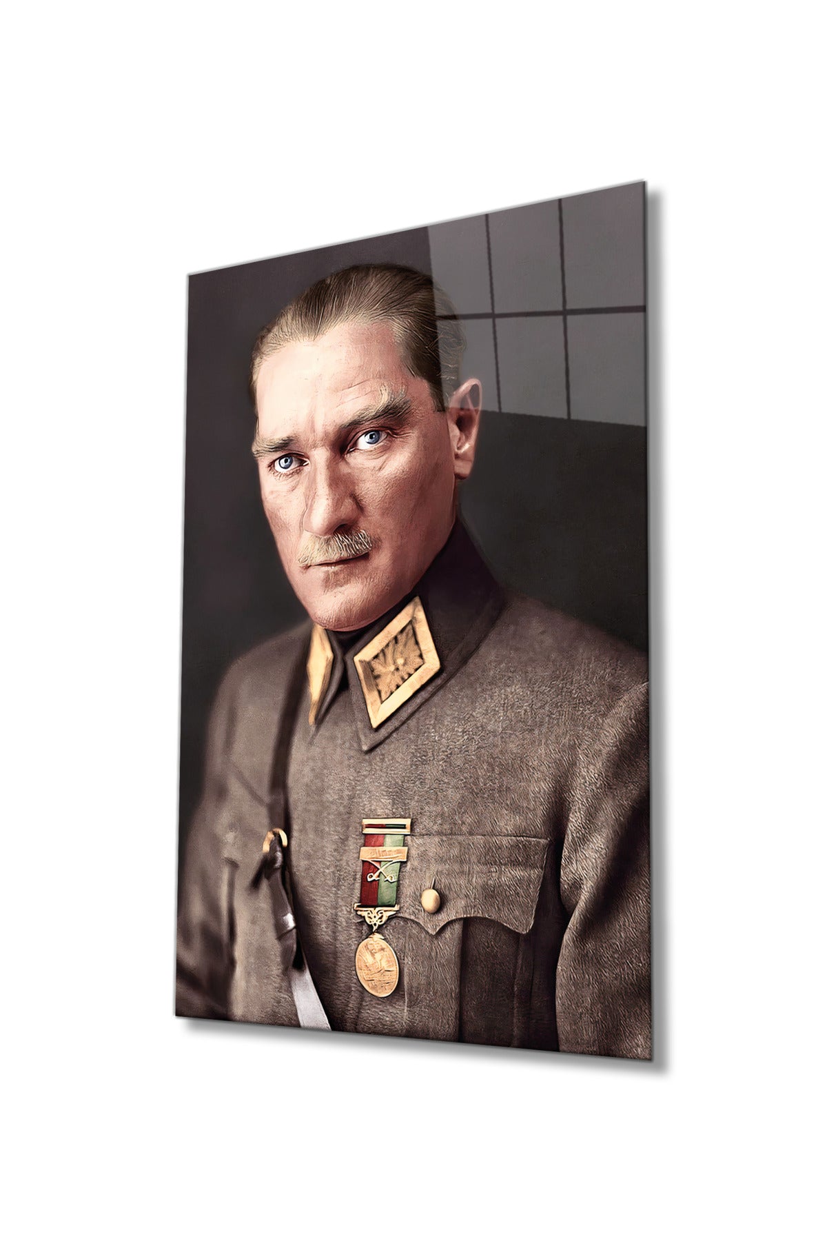 Üniformalı Mustafa Kemal Atatürk Portresi Cam Tablo, Ev Ofis Okul Duvar Dekoru, Hediyelik Temperli