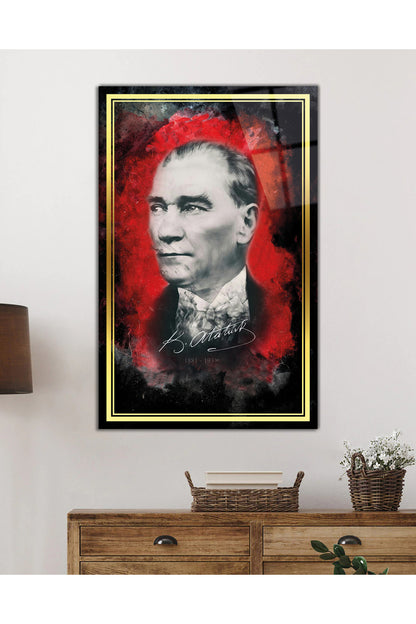Gold Şeritli İmzalı Atatürk Portresi Cam Tablo, Mustafa Kemal, Ev Ofis Okul Duvar Dekoru, Hediyelik