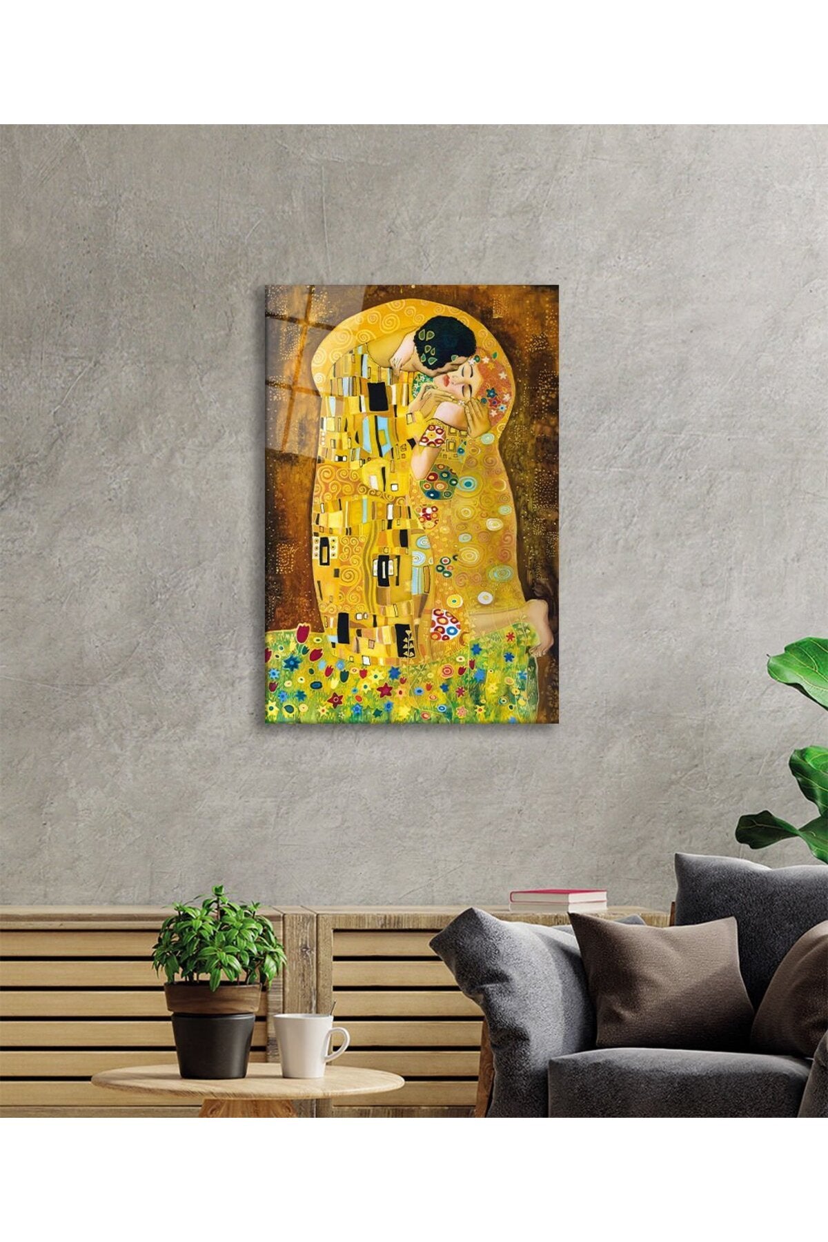 Gustav Klimt Öpücük Der Kuss Sanat Cam Tablo, Ev Ofis Duvar Dekoru, Hediyelik Dayanıklı Temperli Cam