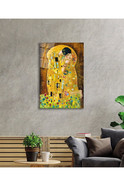 Gustav Klimt Öpücük Der Kuss Sanat Cam Tablo, Ev Ofis Duvar Dekoru, Hediyelik Dayanıklı Temperli Cam