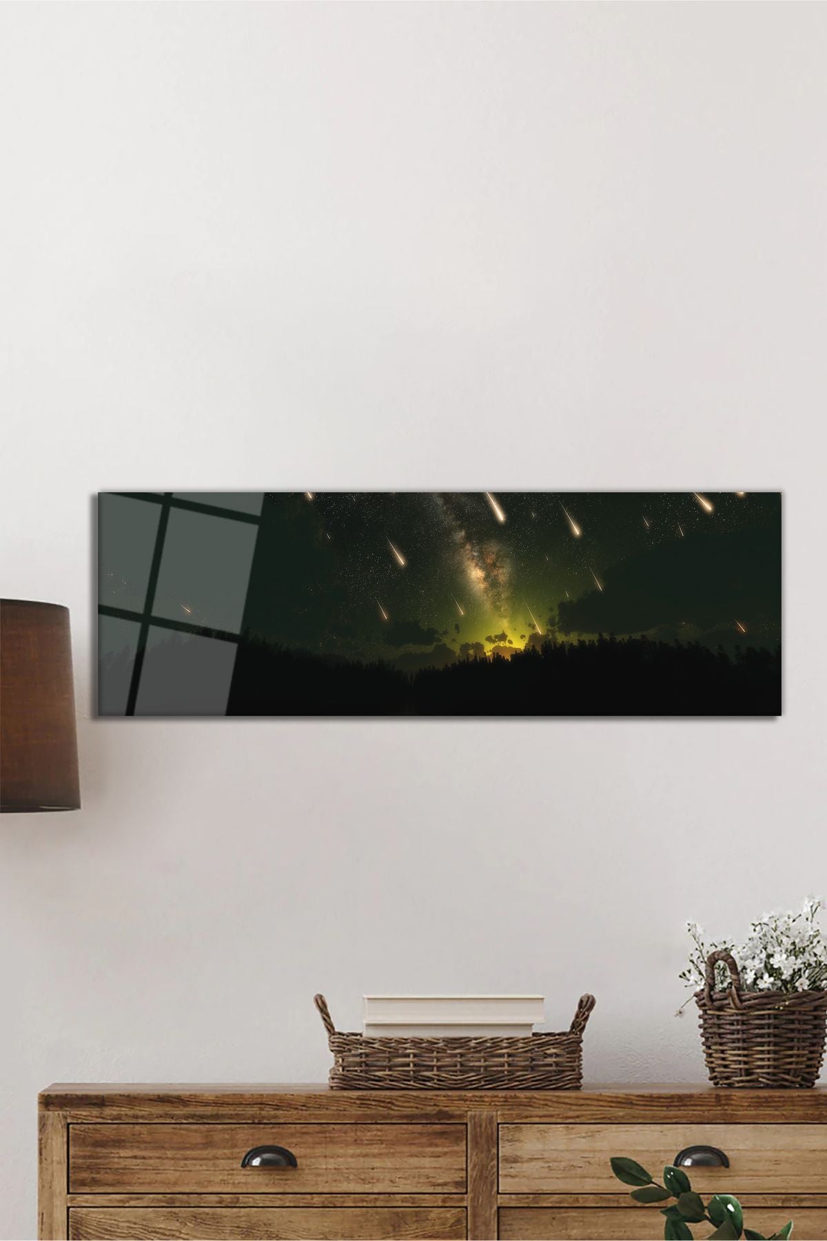 Kayan Yıldızlar ve Evren Panoramik Cam Tablo, Modern ve Şık Ev Ofis Duvar Dekoru, Hediyelik Temperli
