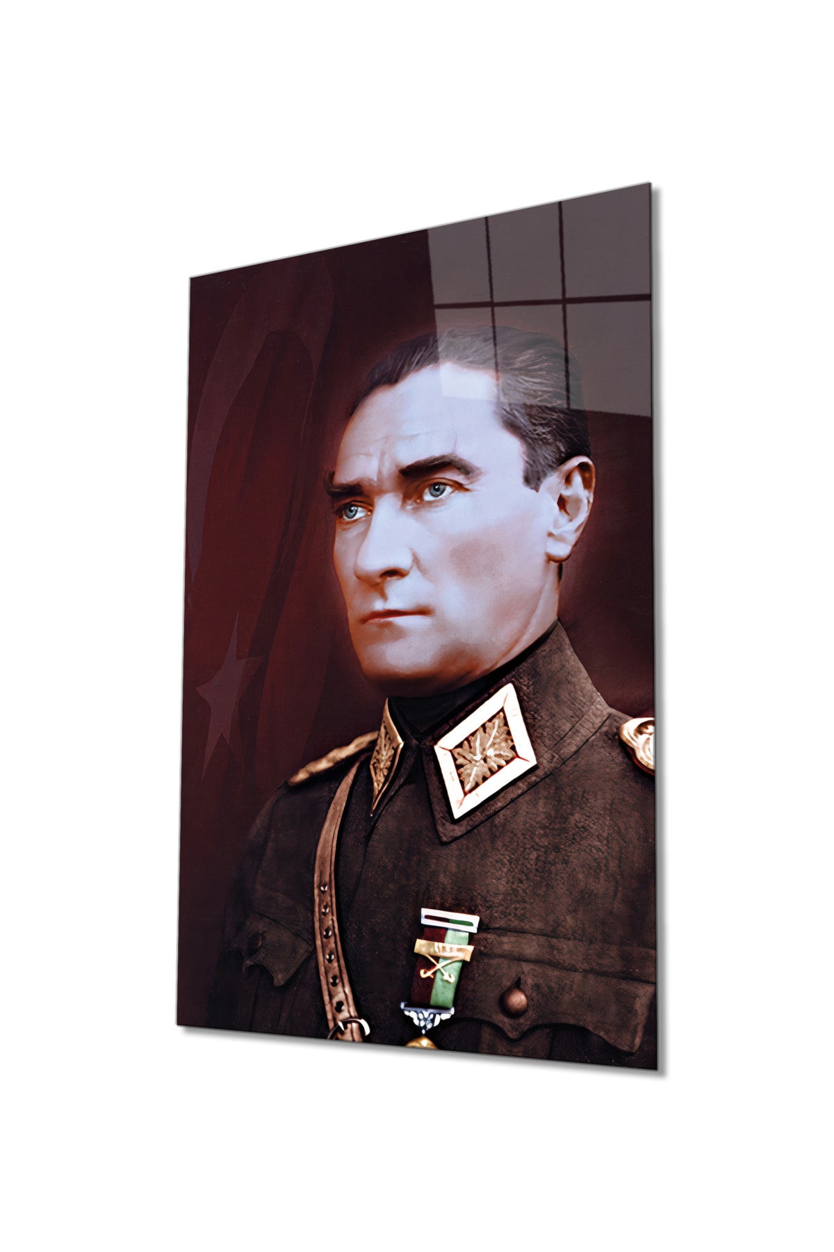 Üniformalı Atatürk Portresi Cam Tablo, ATA, Mustafa Kemal, Ev Ofis Okul Duvar Dekoru, Temperli Cam