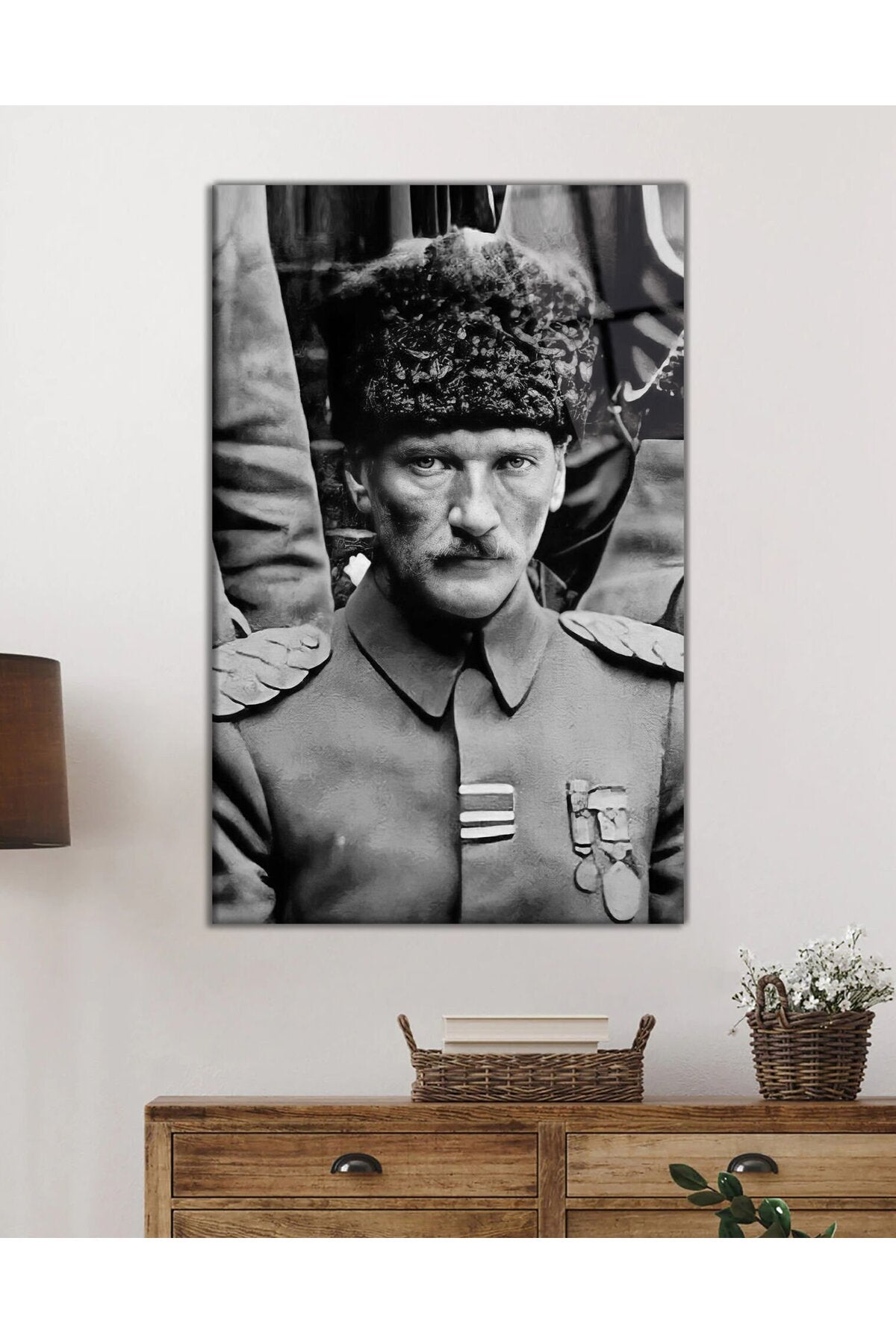 Mustafa Kemal Atatürk Portresi Cam Tablo, Siyah ve Beyaz, Ev Ofis Okul Hediyelik Duvar Dekoru