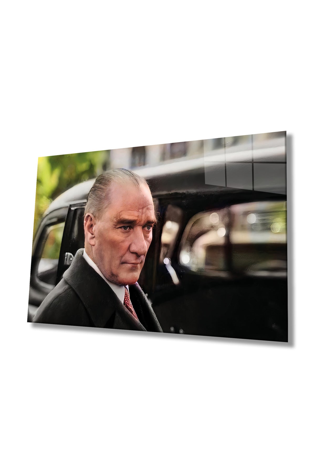 Mustafa Kemal Atatürk ve Arabası Cam Tablo, Ev Ofis Okul Duvar Dekoru, Hediyelik Büyük Temperli Cam