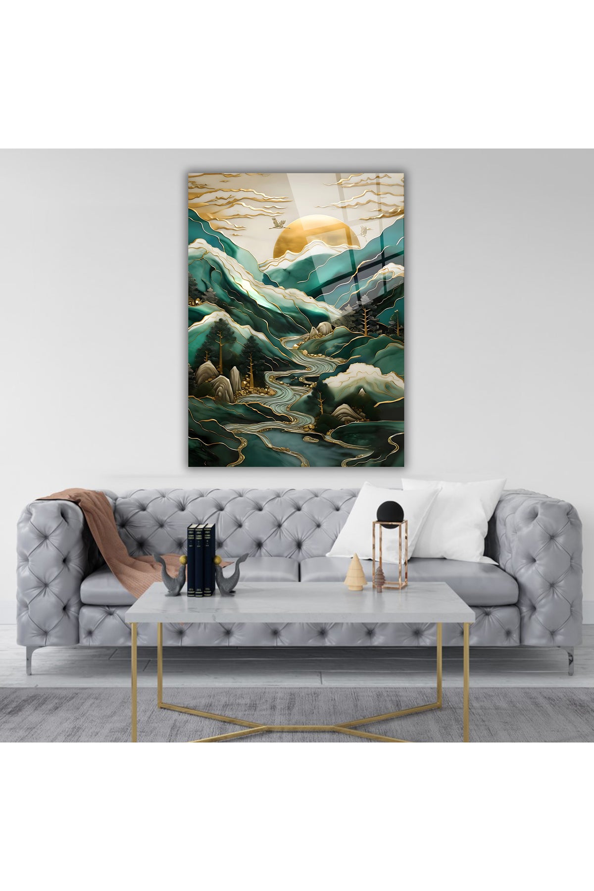 Yeşil Dağ ve Irmak Temalı Cam Tablo – Ruhunu Dinlendiren Ev & Ofis Hediyesi