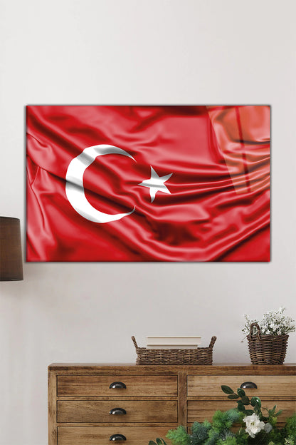Kırmızı Dalgalı Türk Bayrağı Yatay Cam Tablo, Türkiye Bayrak, Ev Ofis Duvar Dekoru, Lüks Hediyelik