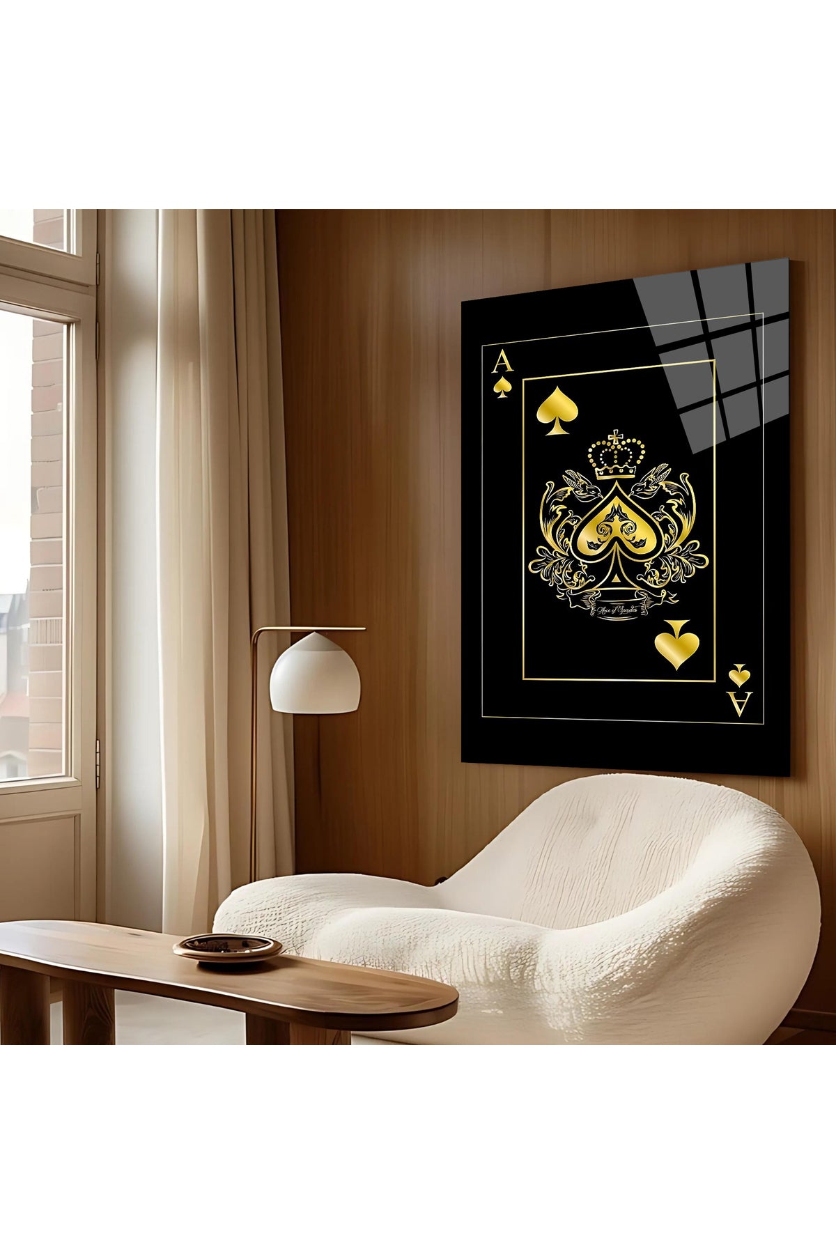POKER AS KARTI CAM TABLO - ALTIN SİYAH ZEMİN MODERN PREMİUM DEKORATİF DUVAR TABLOSU