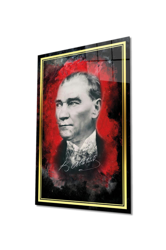 Gold Şeritli İmzalı Atatürk Portresi Cam Tablo, Mustafa Kemal, Ev Ofis Okul Duvar Dekoru, Hediyelik