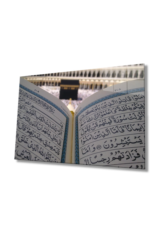 Kuran-ı Kerim Kabe Kutsal Topraklar Dini İslami Cam Tablo, Ev Ofis Duvar Dekoru, Hediyelik, Temperli