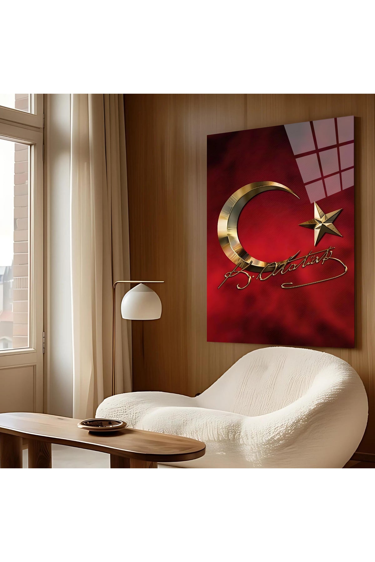 Atatürk İmzalı Ay Yıldız Cam Tablo – Kırmızı Zemin Üzerinde Altın Detaylı Dekoratif Duvar Sanatı