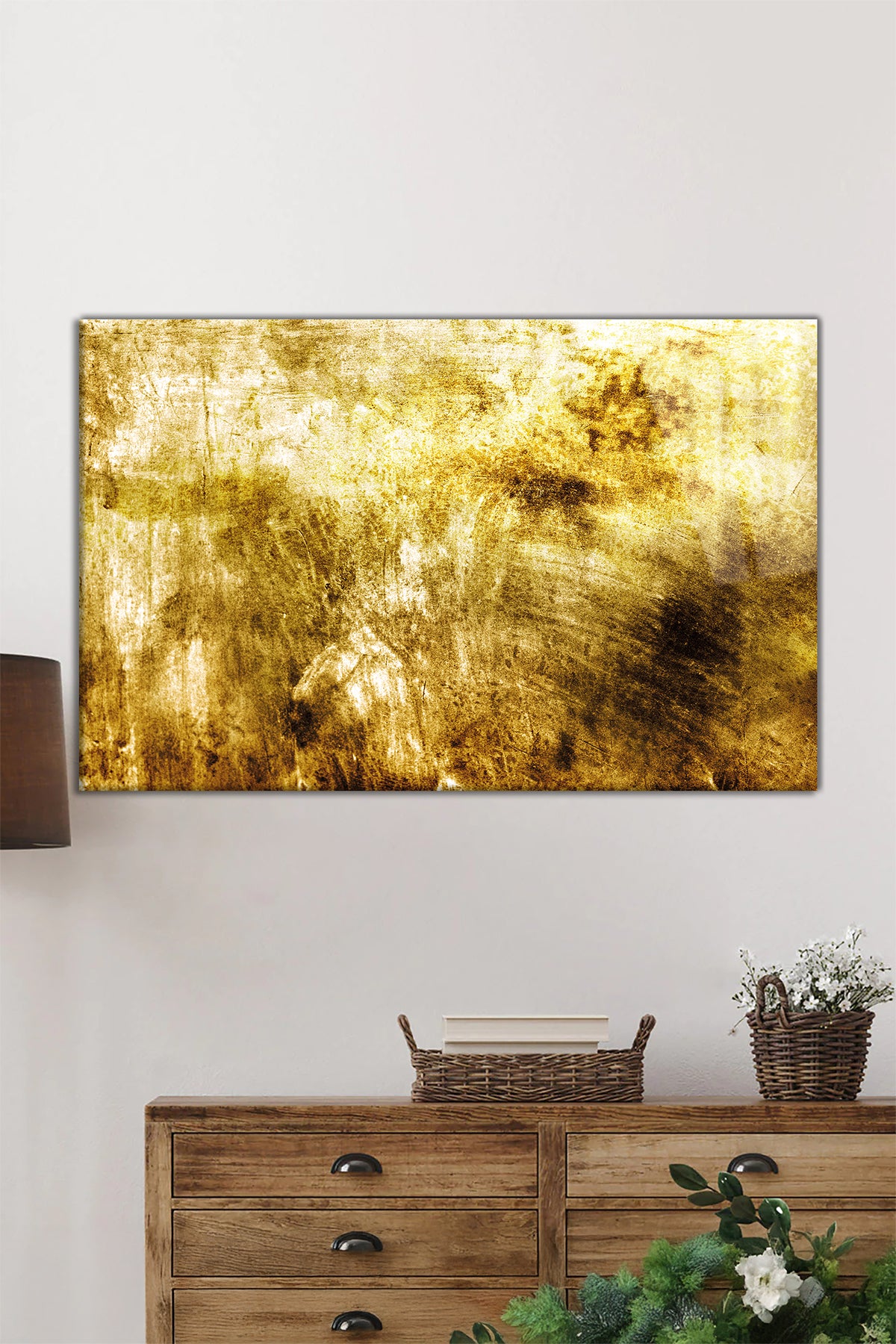 Gold Lüks Soyut Yatay Cam Tablo, Modern, Ev ve Ofis Duvar Dekoru, Lüks Hediyelik