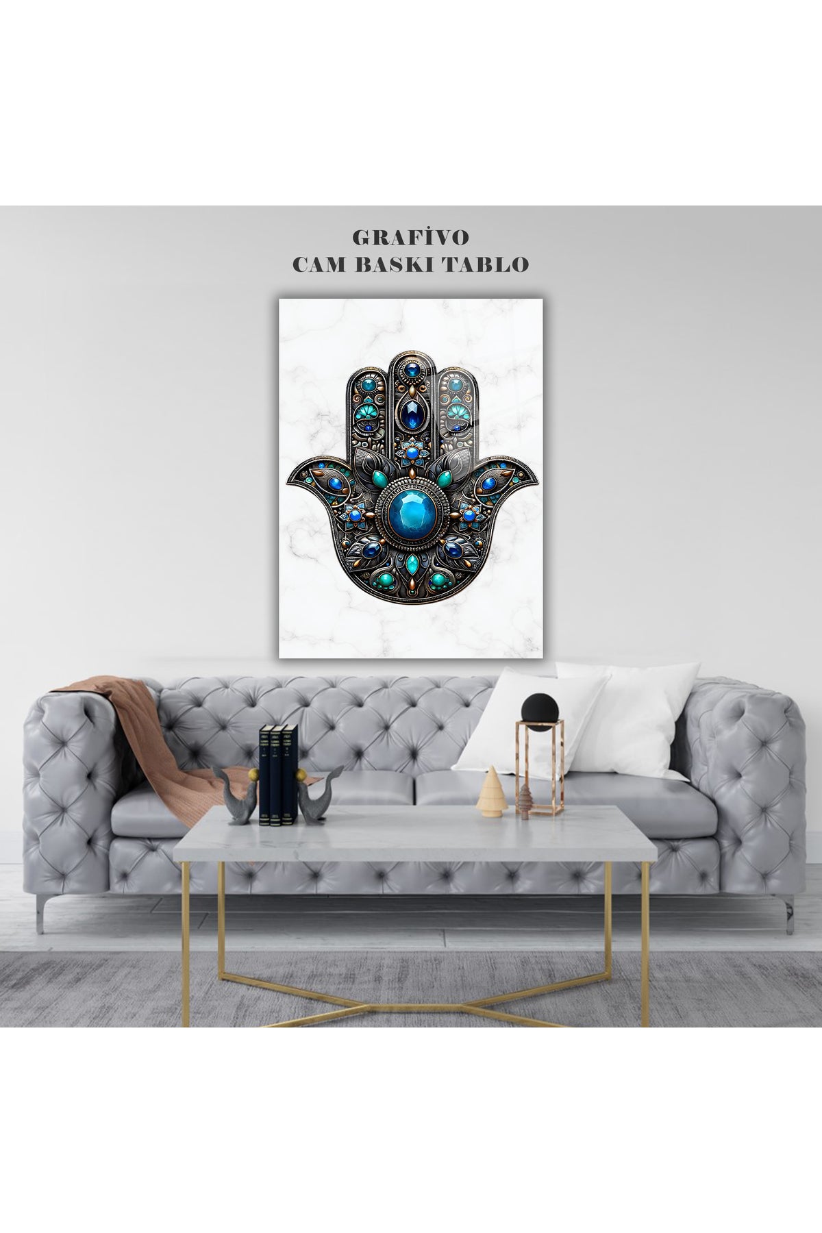 Nazar Koruyucu Hamsa El Motifli Cam Tablo – Ev ve Ofis İçin Anlamlı Dekoratif Hediye